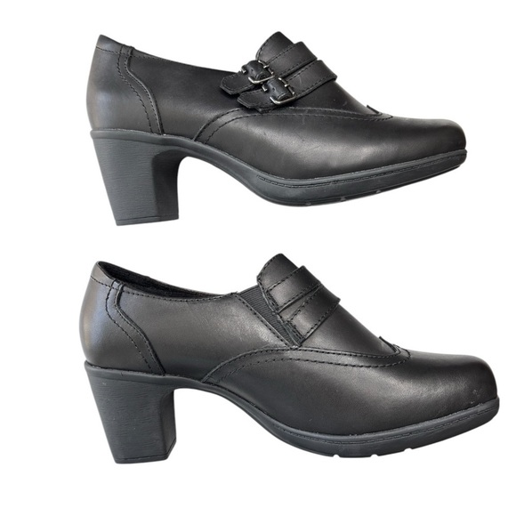 Thom McAn Black Clover Heeled Shoes Size 8.5 W Black Leather Ankle Bootie Buckle - Picture 7 of 9